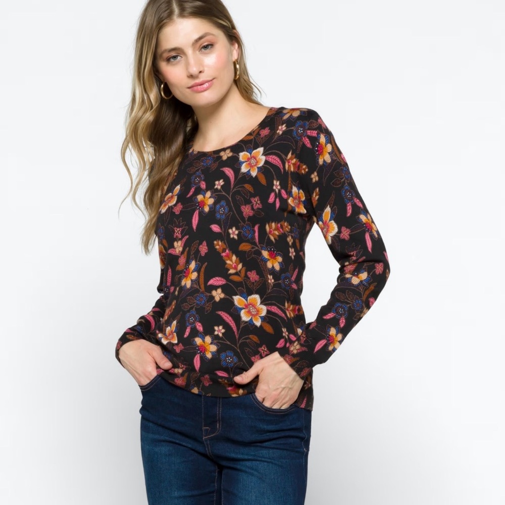 Daniel Rainn Floral Crew Neck Sweater - Black and Multicolor